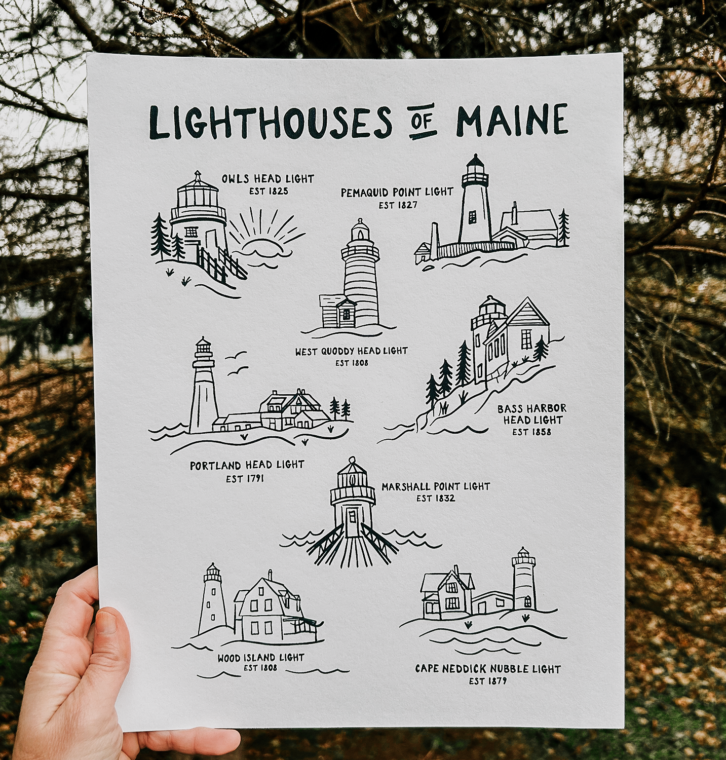 Lighthouses of Maine White Print | 11x14