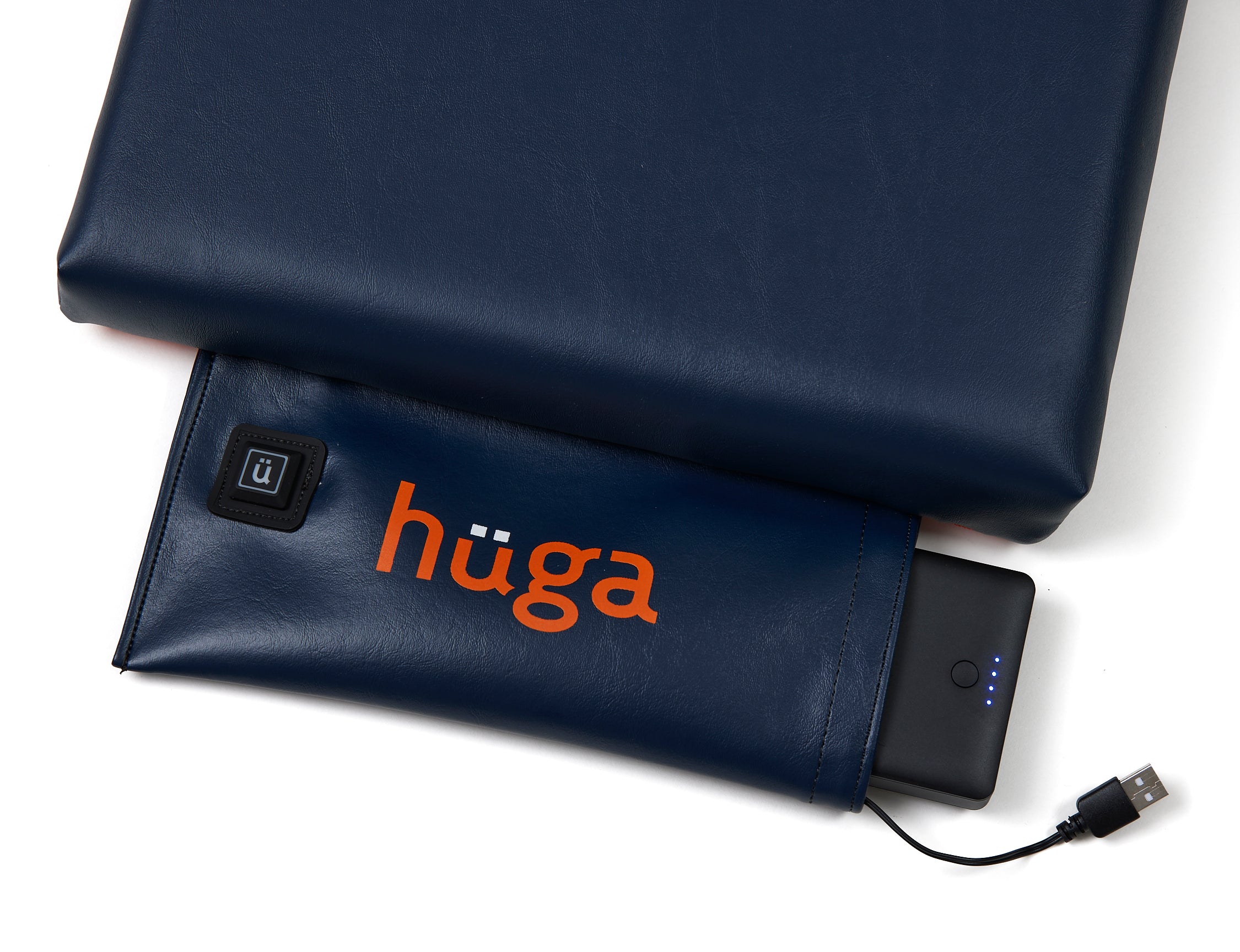 Hüga Heated Cushion – Marine Navy Vinyl / Orange Logo