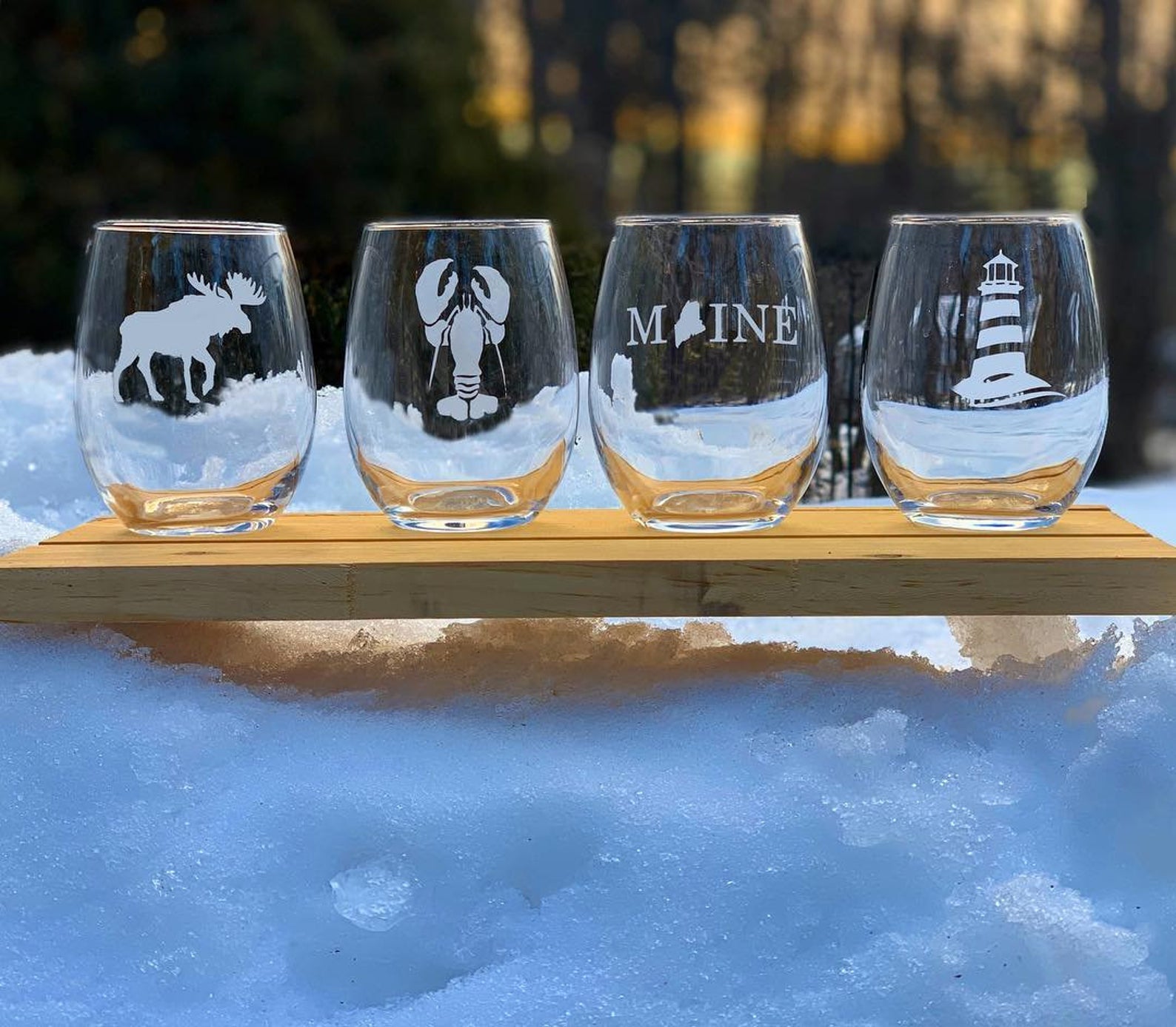 Maine Themed Etched Stemless Wine Glasses